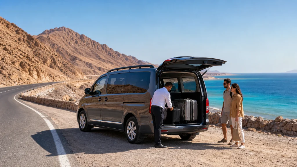 Private minivan transfer on the Red Sea coastal road from Hurghada to Marsa Alam