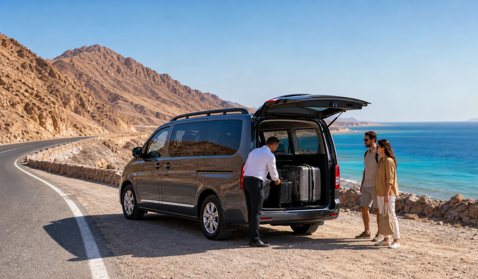 Private minivan transfer on the Red Sea coastal road from Hurghada to Marsa Alam