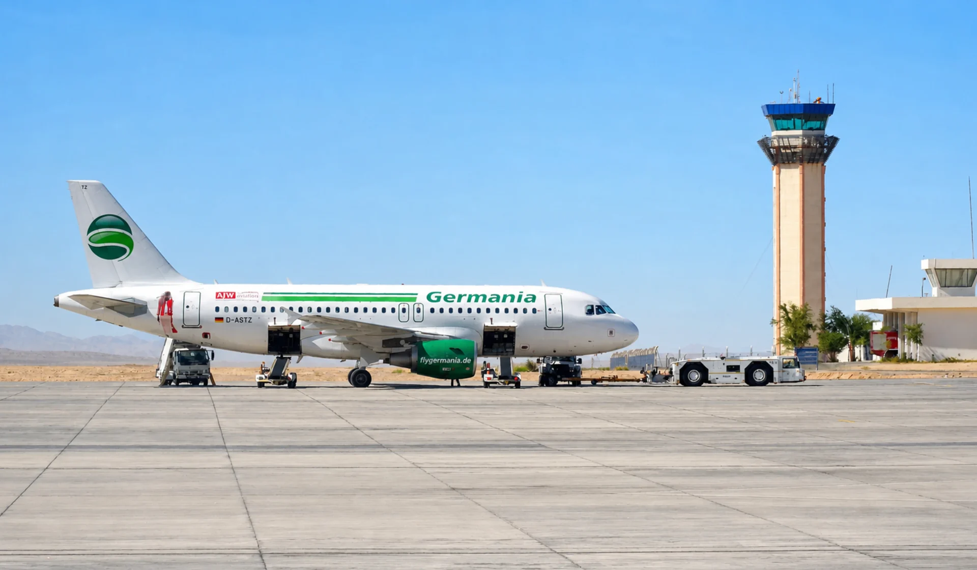 Aircraft and control tower at Marsa Alam International Airport