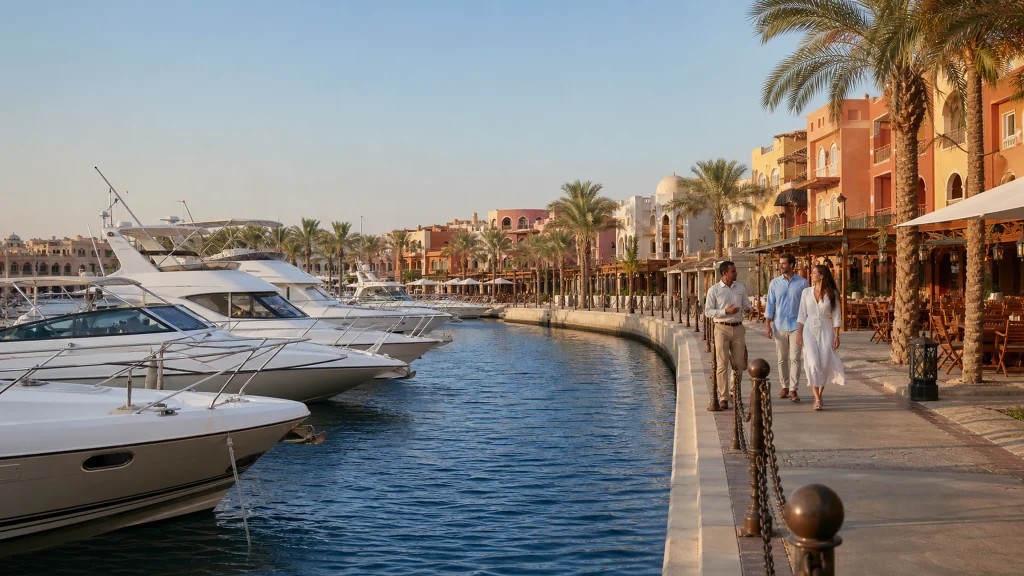 Yachts and palm-lined waterfront promenade at Port Ghalib Marina