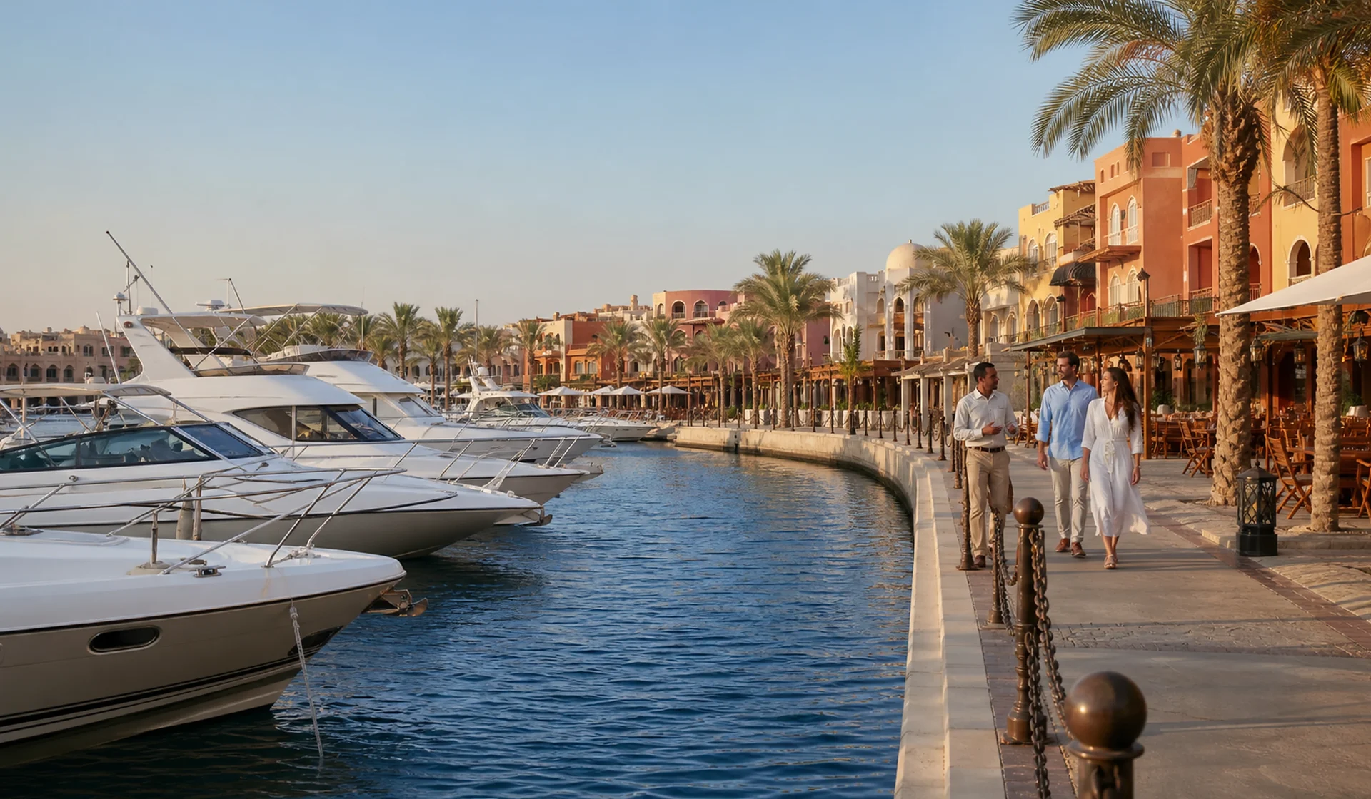 Yachts and palm-lined waterfront promenade at Port Ghalib Marina