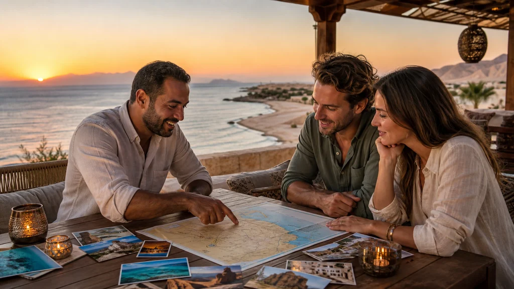 Local travel expert planning a personalized Egypt itinerary with a couple