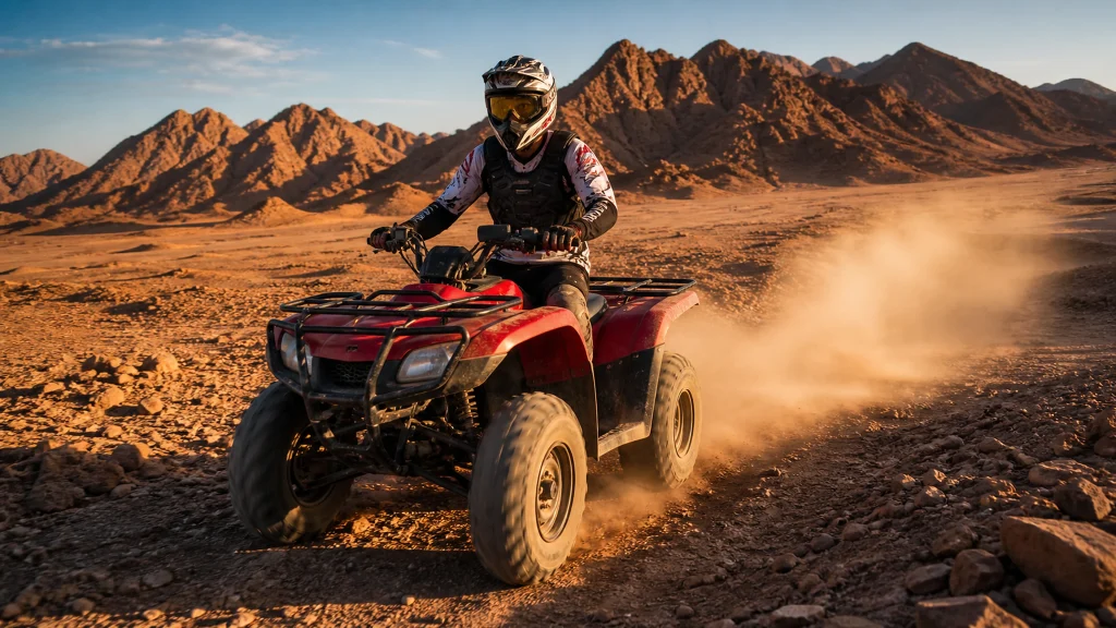 Helmeted rider on a quad bike crossing the Eastern Desert near Marsa Alam