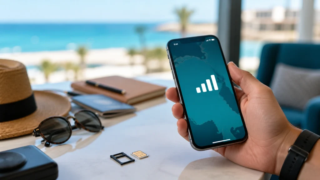Traveler using a connected smartphone with an Egyptian SIM card by the Red Sea