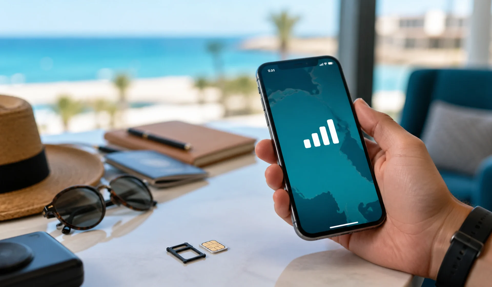 Traveler using a connected smartphone with an Egyptian SIM card by the Red Sea