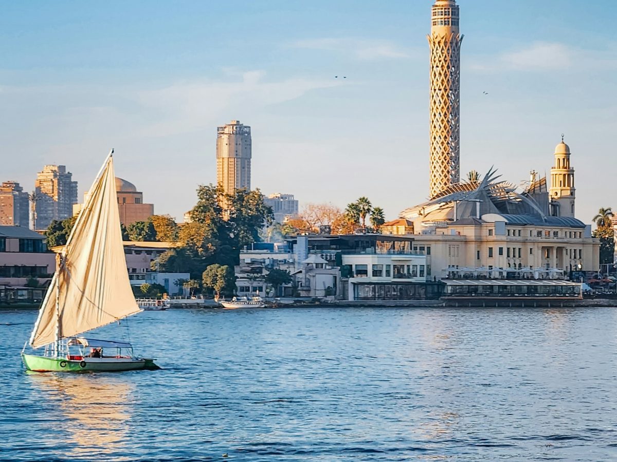 Traditional felucca sailing on the Nile beside Cairo