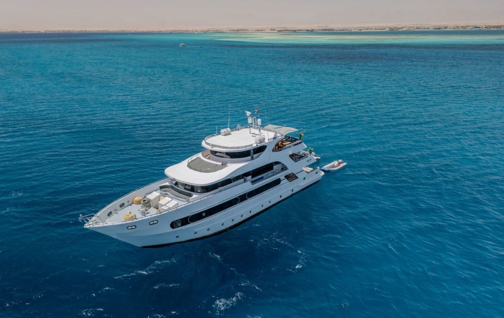 Aerial view of the Red Sea diving liveaboard in clear blue water