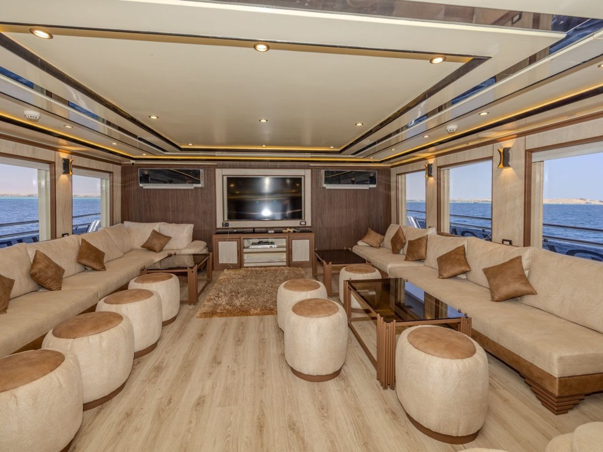 Comfortable indoor lounge aboard the Red Sea liveaboard