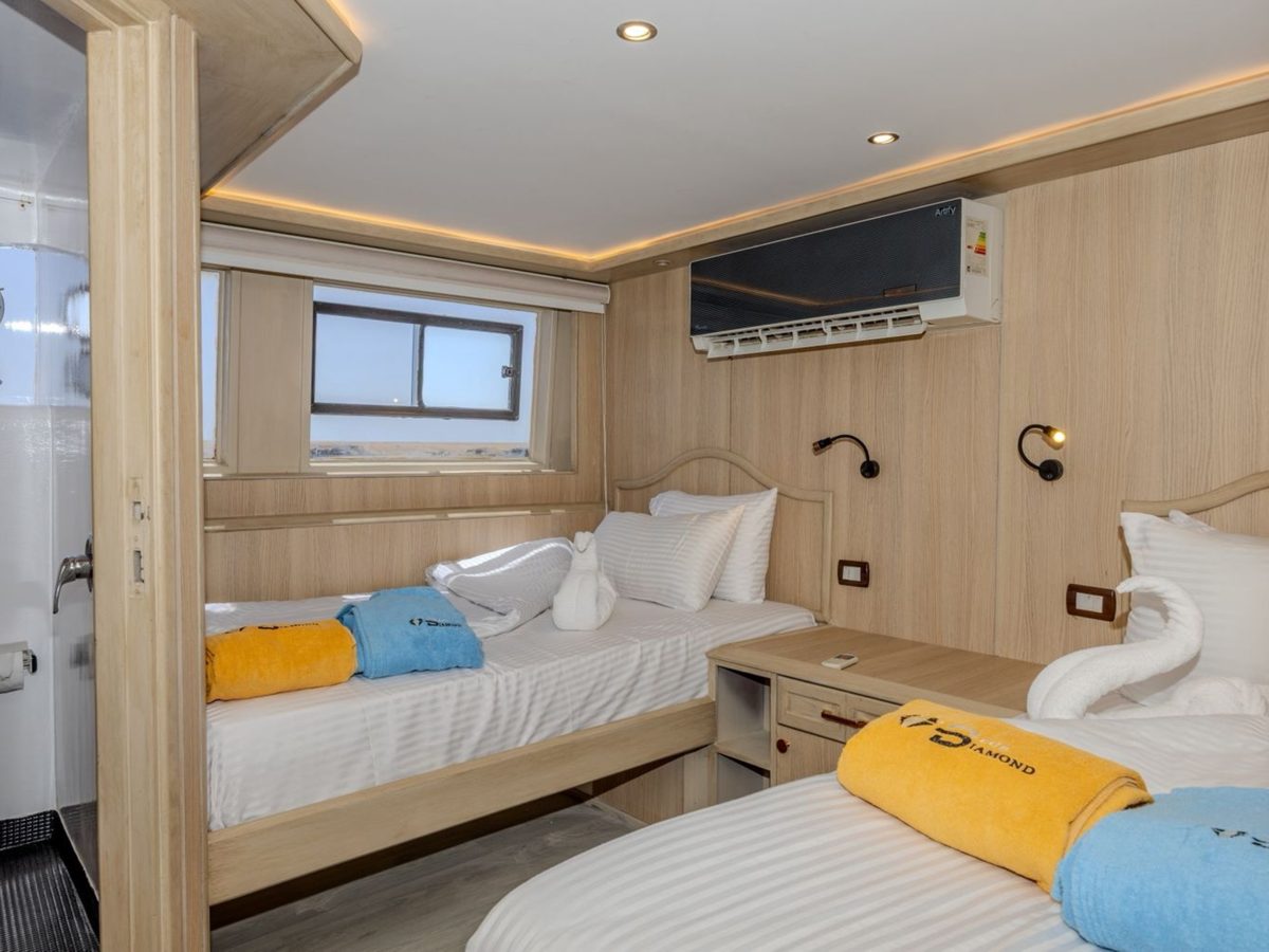 Bright twin cabin aboard the Red Sea liveaboard